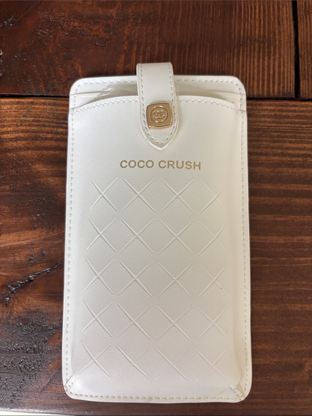 NEW CHANEL White Coco Crush Quilted Leather Phone Sleeve with Gold Accent